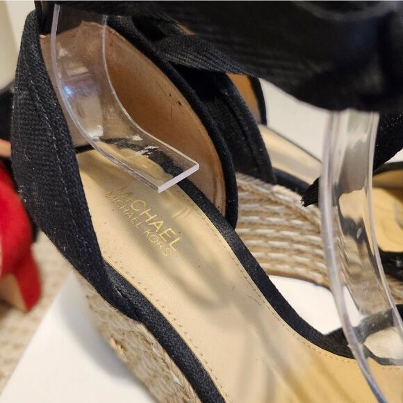 Michael Kors Black Canvas Wedge Heel Tie-up Mk Logo Espadrilles Sz.6 Ret.$184 - Picture 5 of 11
